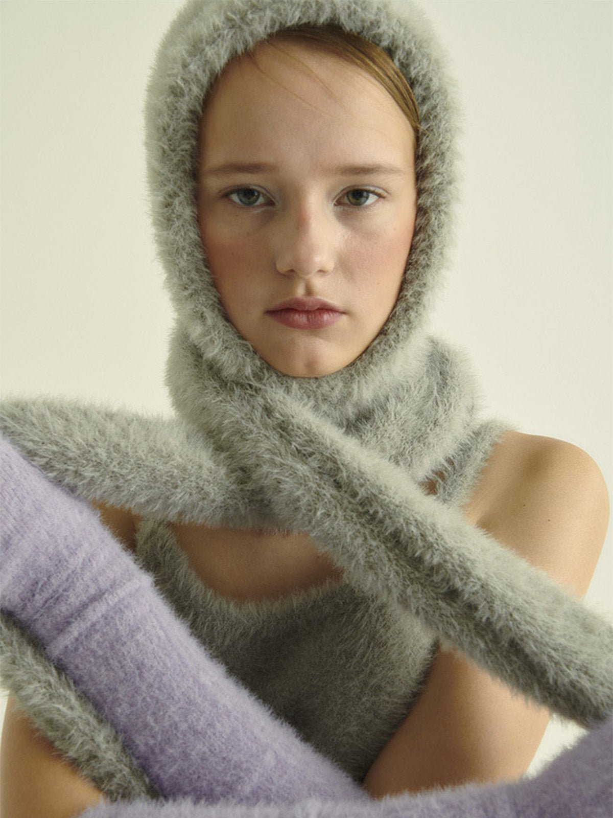 Gant long hiver femme, fausse fourrure doux, gant sans doigts peluche, gant violet crème noir, gant mode hiver chaud, modèle Likta - Écharpe - Violet