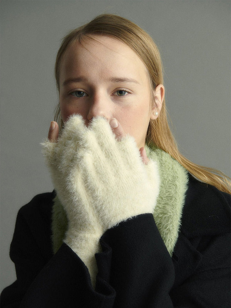 Gant long hiver femme, fausse fourrure doux, gant sans doigts peluche, gant violet crème noir, gant mode hiver chaud, modèle Likta - Écharpe - Blanc