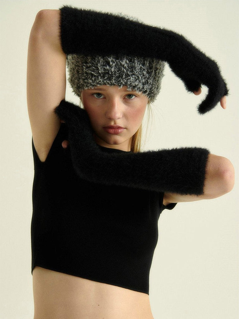 Gant long hiver femme, fausse fourrure doux, gant sans doigts peluche, gant violet crème noir, gant mode hiver chaud, modèle Likta - Écharpe - Noir