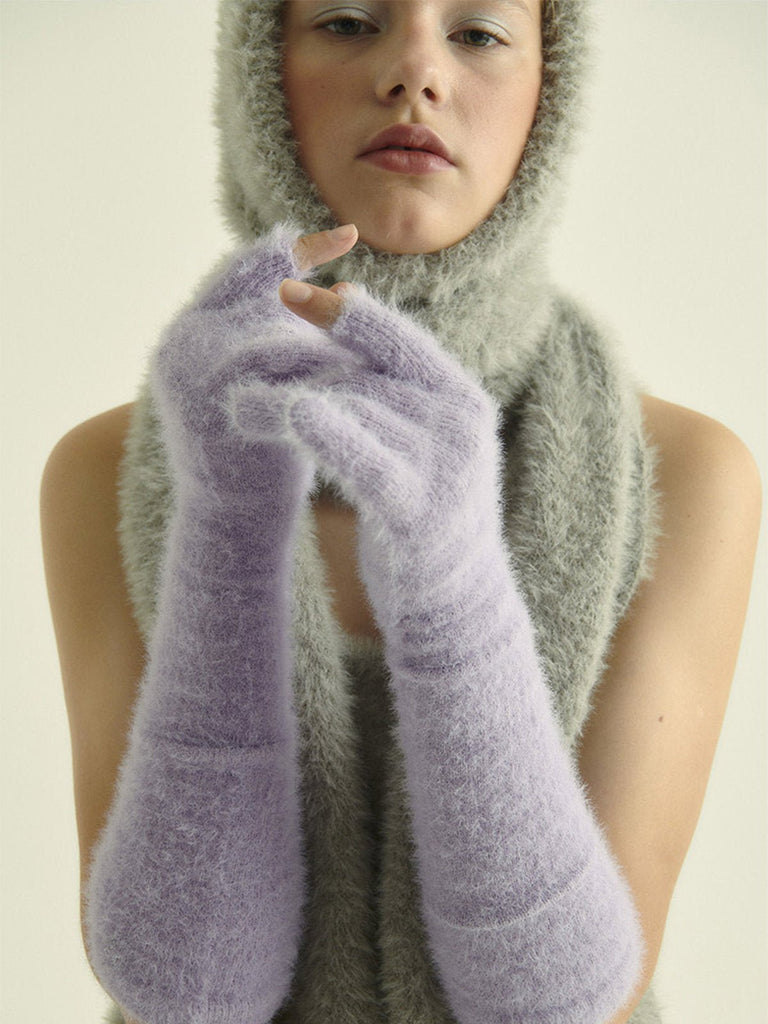 Gant long hiver femme, fausse fourrure doux, gant sans doigts peluche, gant violet crème noir, gant mode hiver chaud, modèle Likta - Écharpe - Violet