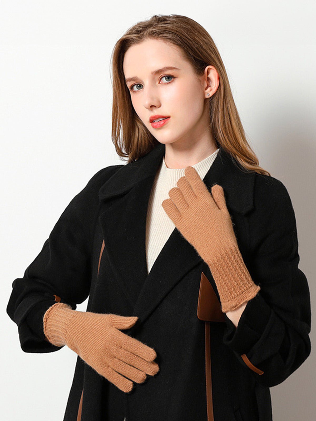 Gants chauds en laine pour l’hiver, modèle tactile unisexe à poignet long côtelé, tricot doux et confortable, modèle Doria - Gants - Camel