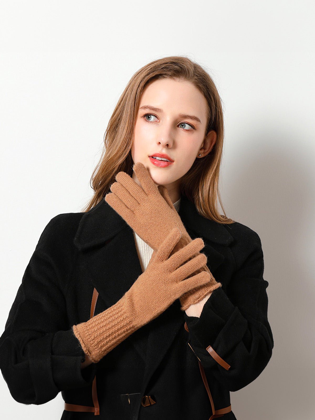 Gants chauds en laine pour l’hiver, modèle tactile unisexe à poignet long côtelé, tricot doux et confortable, modèle Doria - Gants - Camel