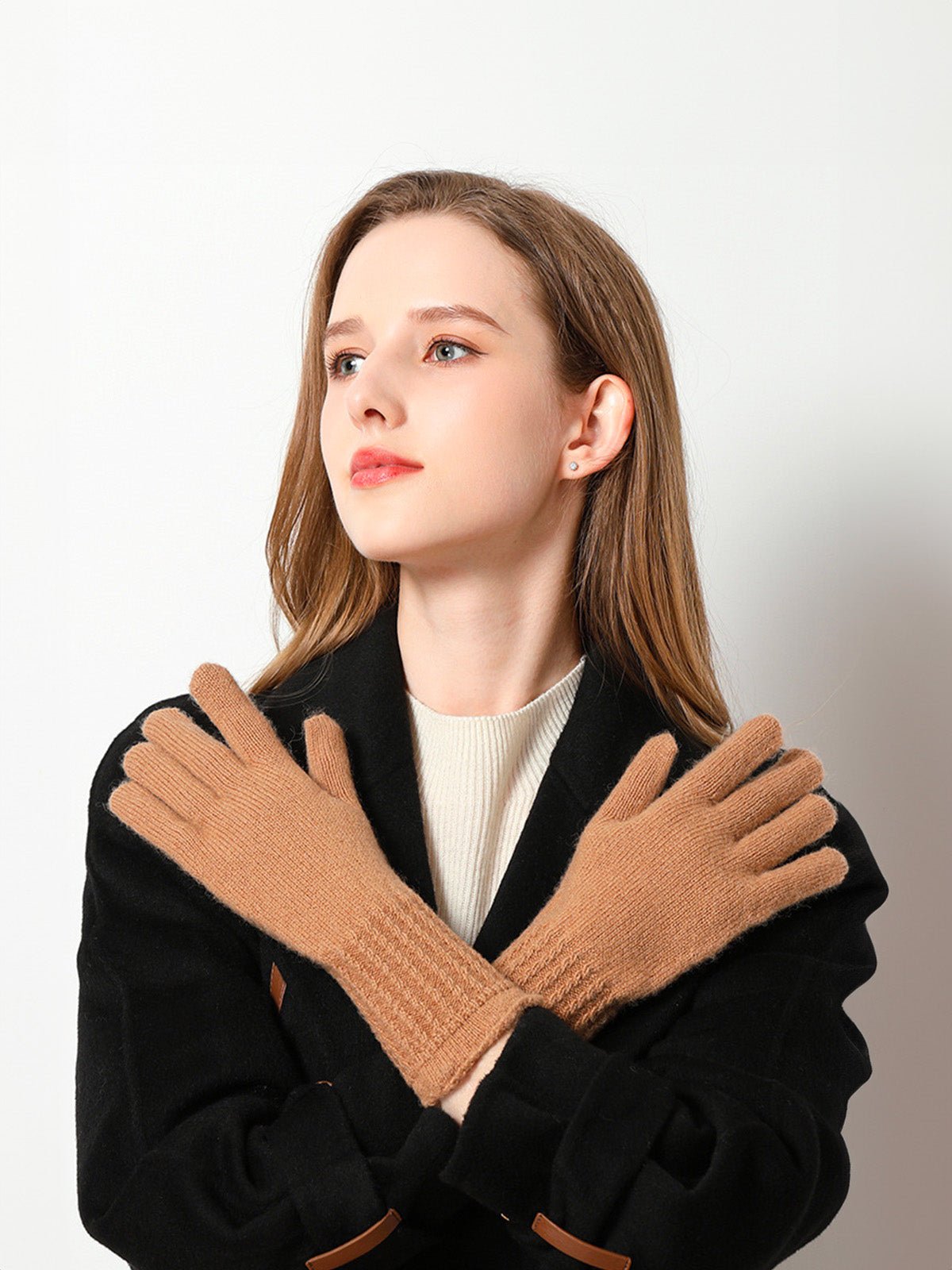 Gants chauds en laine pour l’hiver, modèle tactile unisexe à poignet long côtelé, tricot doux et confortable, modèle Doria - Gants - Camel