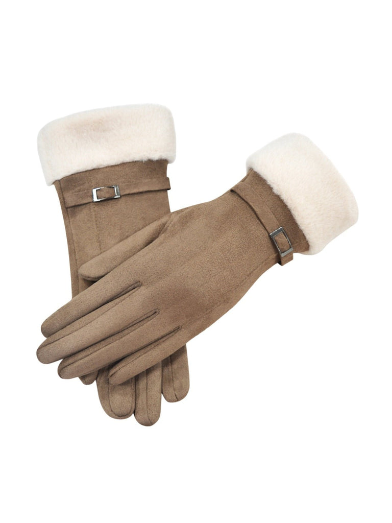 Gants d’hiver femme en suédine doublés polaire, toucher tactile, chauds et confortables, poignet en fausse fourrure, style minimal chic, parfaits pour le froid, modèle Zadolie - Écharpe - Marron