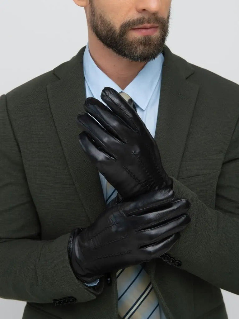 Gants en cuir homme, habillés hiver, doublés laine, noirs classiques, chauds et élégants, modèle Emilio - Gants - Noir M