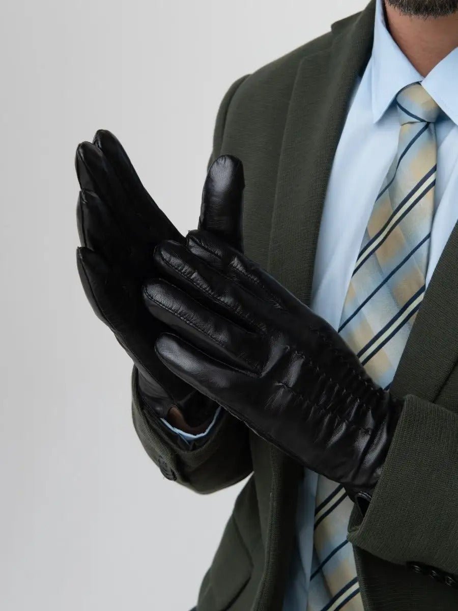 Gants en cuir homme, habillés hiver, doublés laine, noirs classiques, chauds et élégants, modèle Emilio - Gants - Noir M