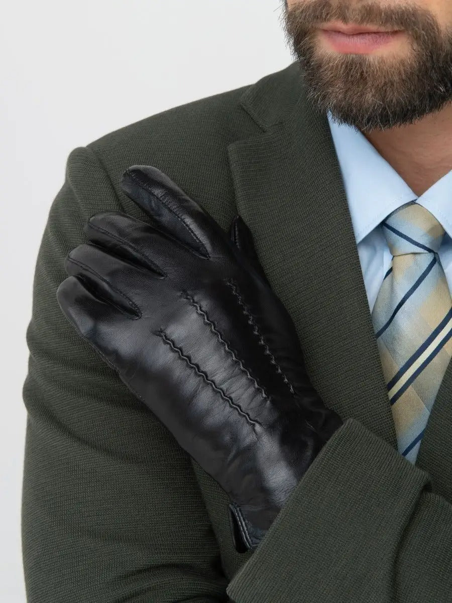 Gants en cuir homme, habillés hiver, doublés laine, noirs classiques, chauds et élégants, modèle Emilio - Gants - Noir M