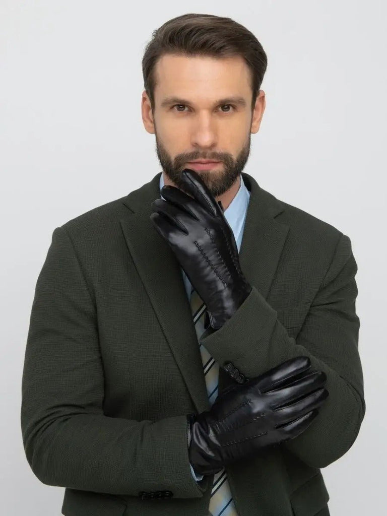 Gants en cuir homme, habillés hiver, doublés laine, noirs classiques, chauds et élégants, modèle Emilio - Gants - Noir M