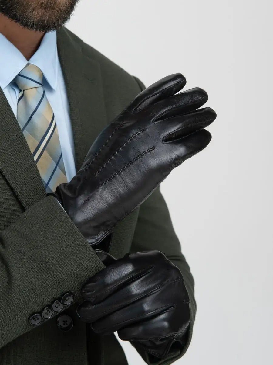 Gants en cuir homme, habillés hiver, doublés laine, noirs classiques, chauds et élégants, modèle Emilio - Gants - Noir M