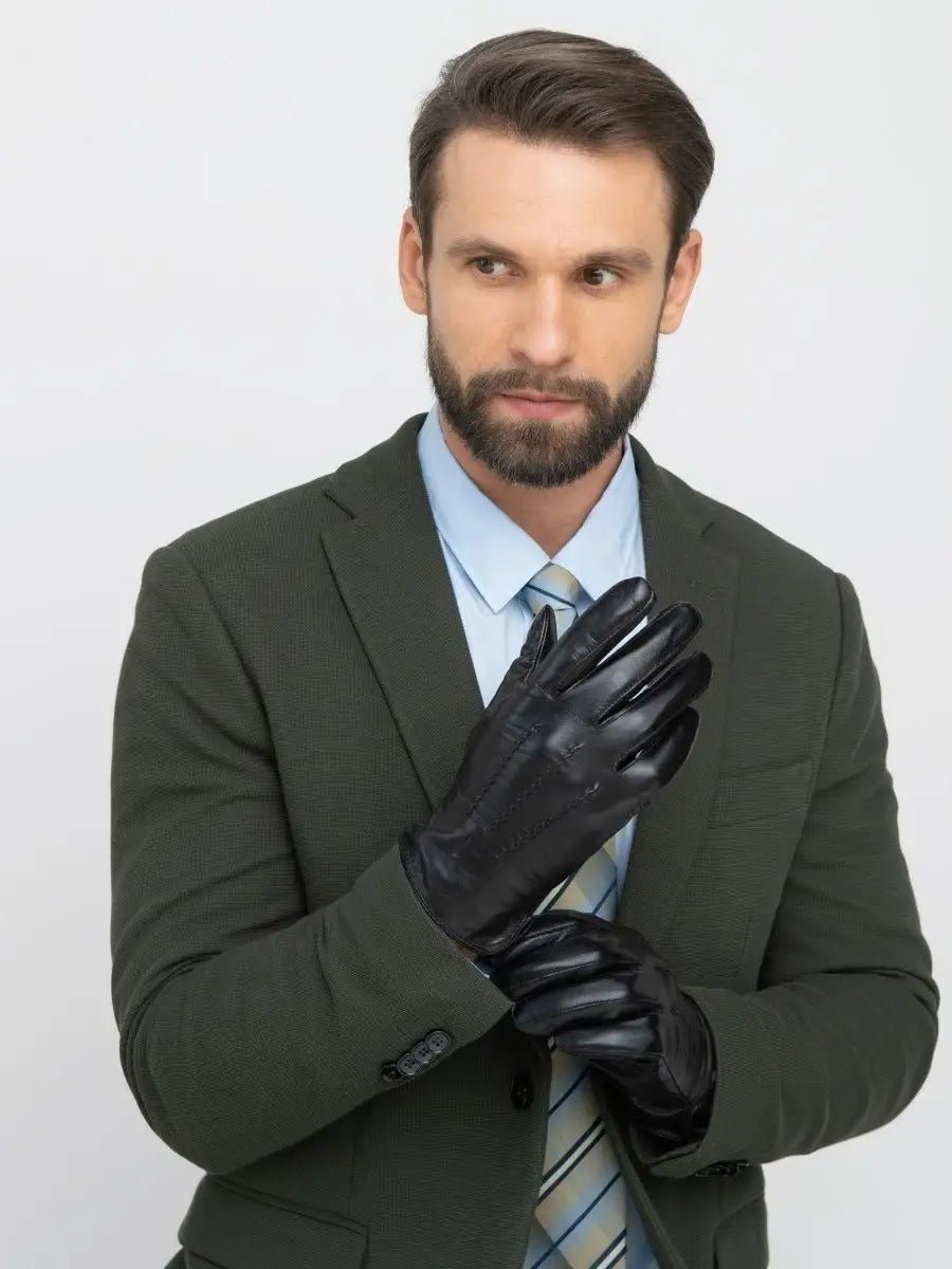 Gants en cuir homme, habillés hiver, doublés laine, noirs classiques, chauds et élégants, modèle Emilio - Gants - Noir M