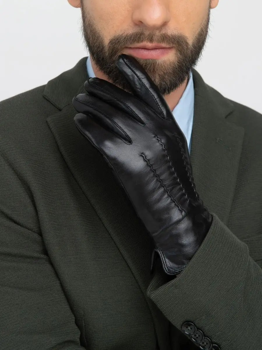 Gants en cuir homme, habillés hiver, doublés laine, noirs classiques, chauds et élégants, modèle Emilio - Gants - Noir M