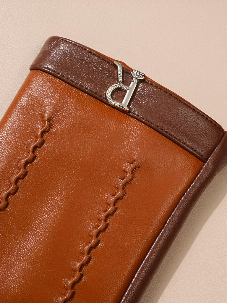 Gants en cuir marron femme, doublés polaire, compatibles écran tactile, hiver chic, accessoire mode, modèle Winea - Écharpe - Camel M