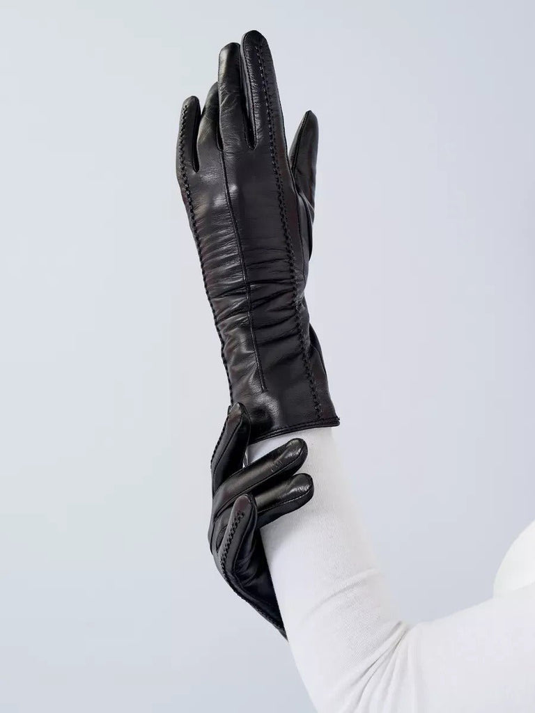 Gants en cuir noir femme, longs gants d’hiver tactiles doublés laine, accessoires chauds et élégants, modèle Guiseppa - Écharpe - Noir S