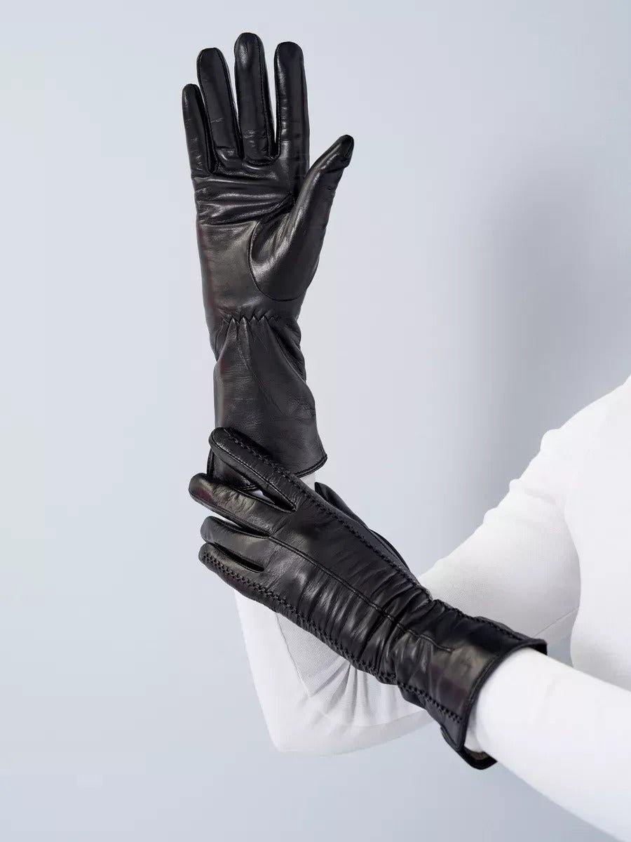 Gants en cuir noir femme, longs gants d’hiver tactiles doublés laine, accessoires chauds et élégants, modèle Guiseppa - Écharpe - Noir S