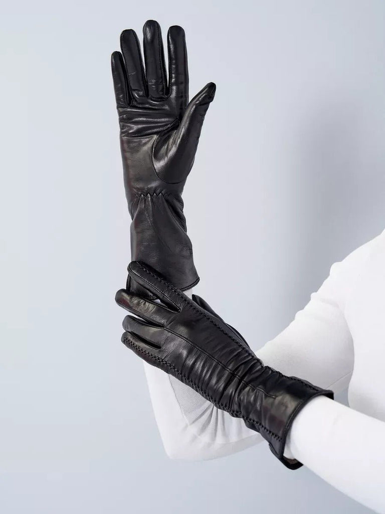 Gants en cuir noir femme, longs gants d’hiver tactiles doublés laine, accessoires chauds et élégants, modèle Guiseppa - Écharpe - Noir S