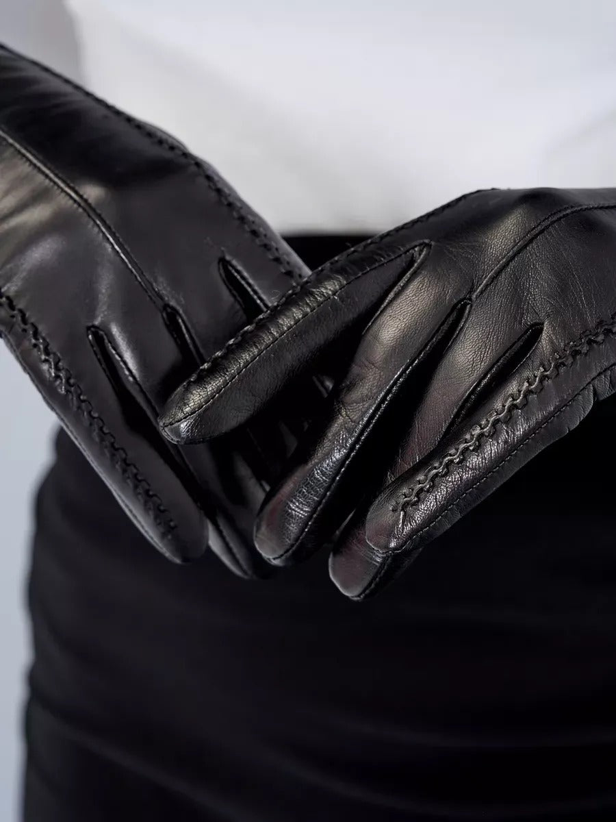 Gants en cuir noir femme, longs gants d’hiver tactiles doublés laine, accessoires chauds et élégants, modèle Guiseppa - Écharpe - Noir S