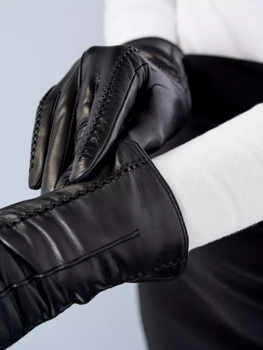 Gants en cuir noir femme, longs gants d’hiver tactiles doublés laine, accessoires chauds et élégants, modèle Guiseppa - Écharpe - Noir S