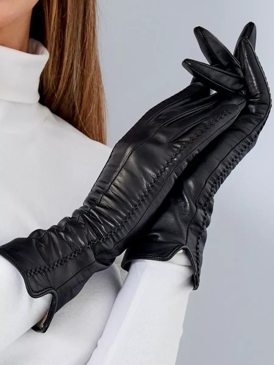 Gants en cuir noir femme, longs gants d’hiver tactiles doublés laine, accessoires chauds et élégants, modèle Guiseppa - Écharpe - Noir S