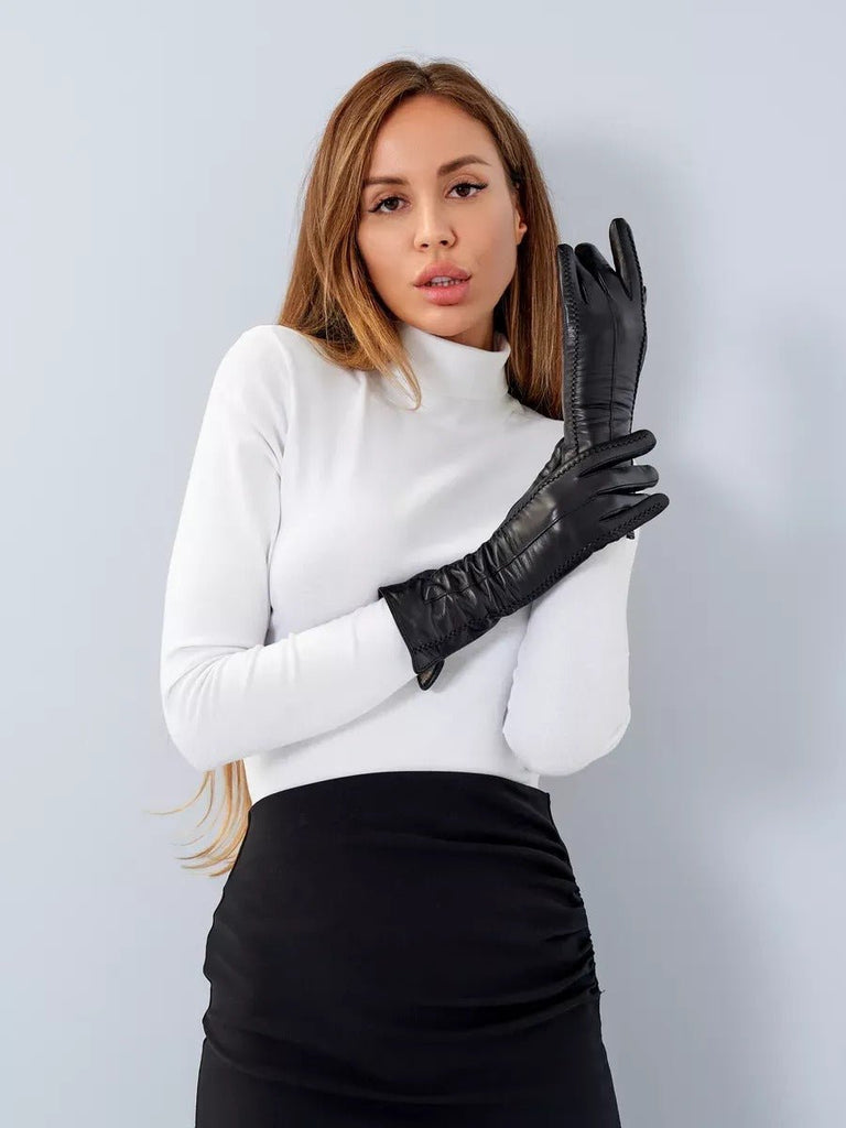 Gants en cuir noir femme, longs gants d’hiver tactiles doublés laine, accessoires chauds et élégants, modèle Guiseppa - Écharpe - Noir S