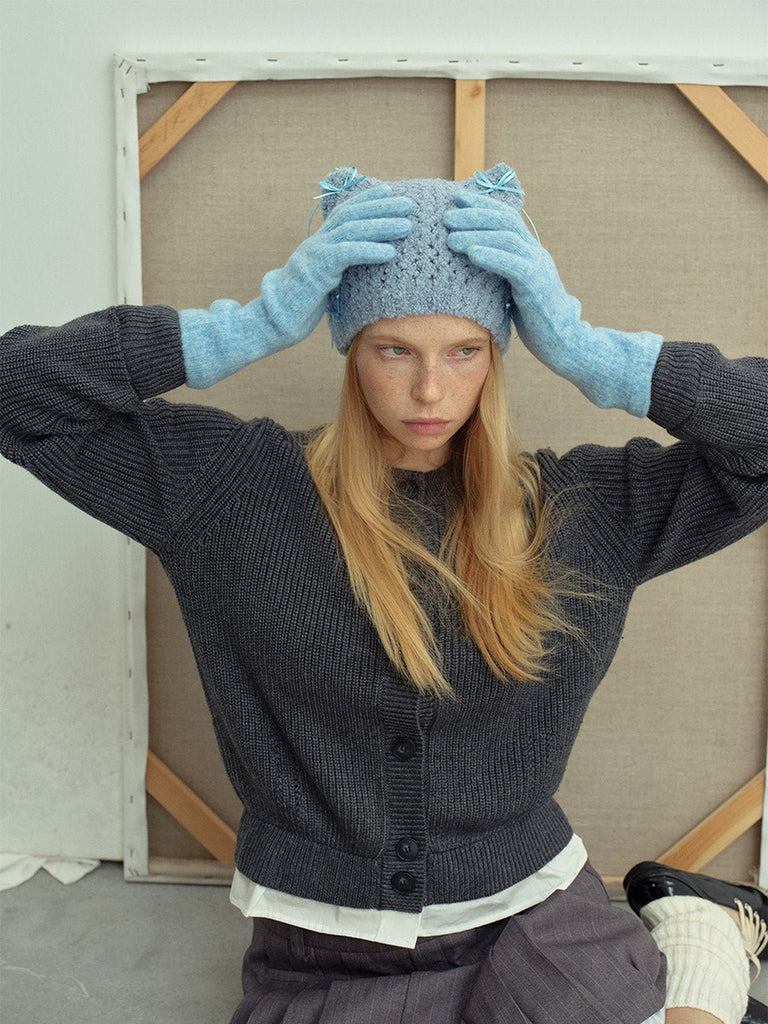 Gants en maille douce, gants hiver femme, gants longs tricotés, gants chauds doux au toucher, gants colorés unis, gants tactiles laine mélangée, modèle Kinz - Écharpe - Bleu clair