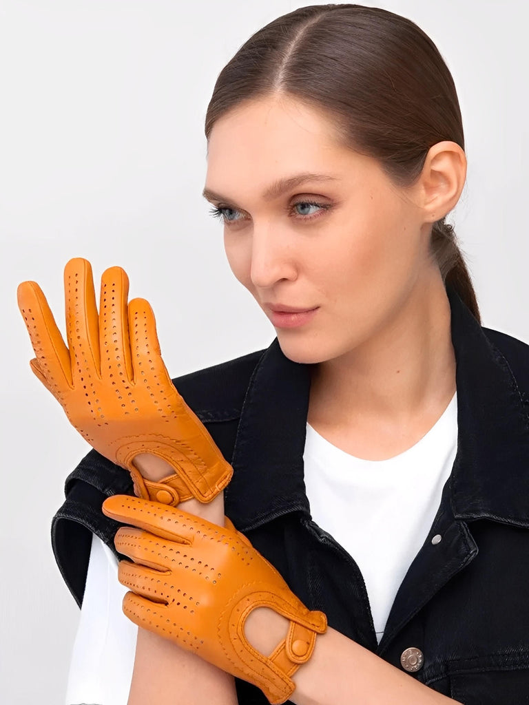 Women's lamb leather gloves, lightweight perforated model for mid-season, unlined design with snap button, ideal for driving and daily use, soft and comfortable, Emira model