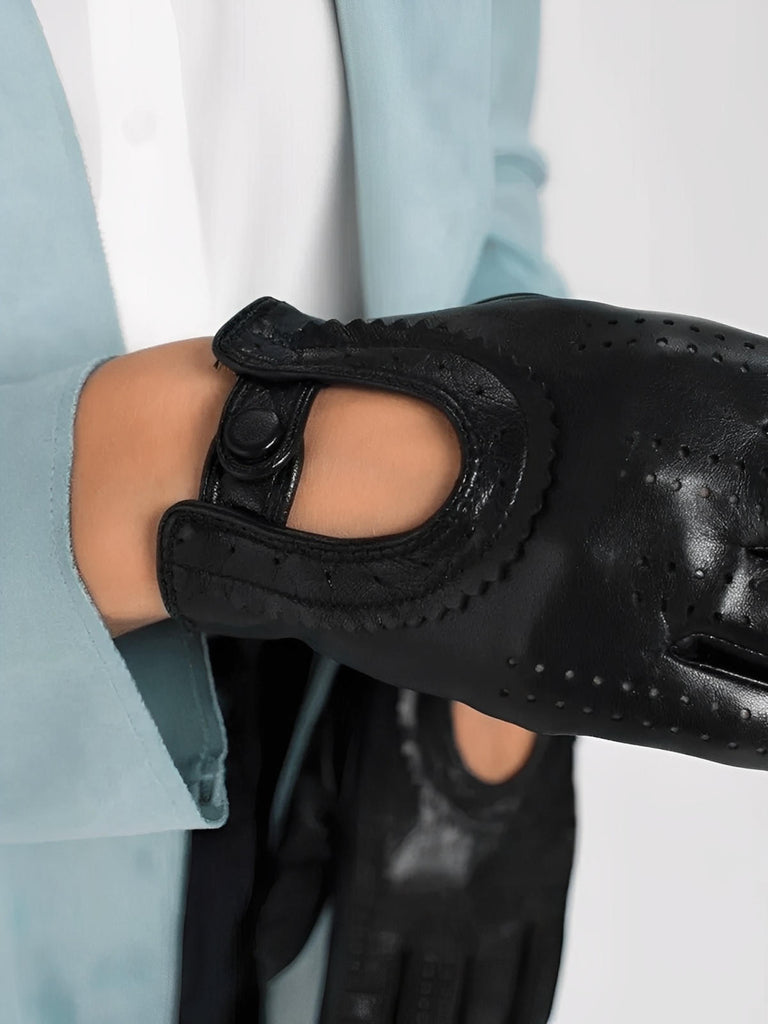 Women's lamb leather gloves, lightweight perforated model for mid-season, unlined design with snap button, ideal for driving and daily use, soft and comfortable, Emira model