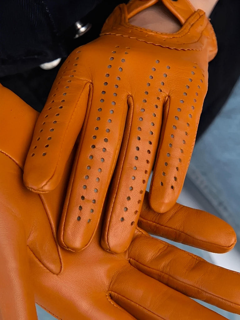Women's lamb leather gloves, lightweight perforated model for mid-season, unlined design with snap button, ideal for driving and daily use, soft and comfortable, Emira model