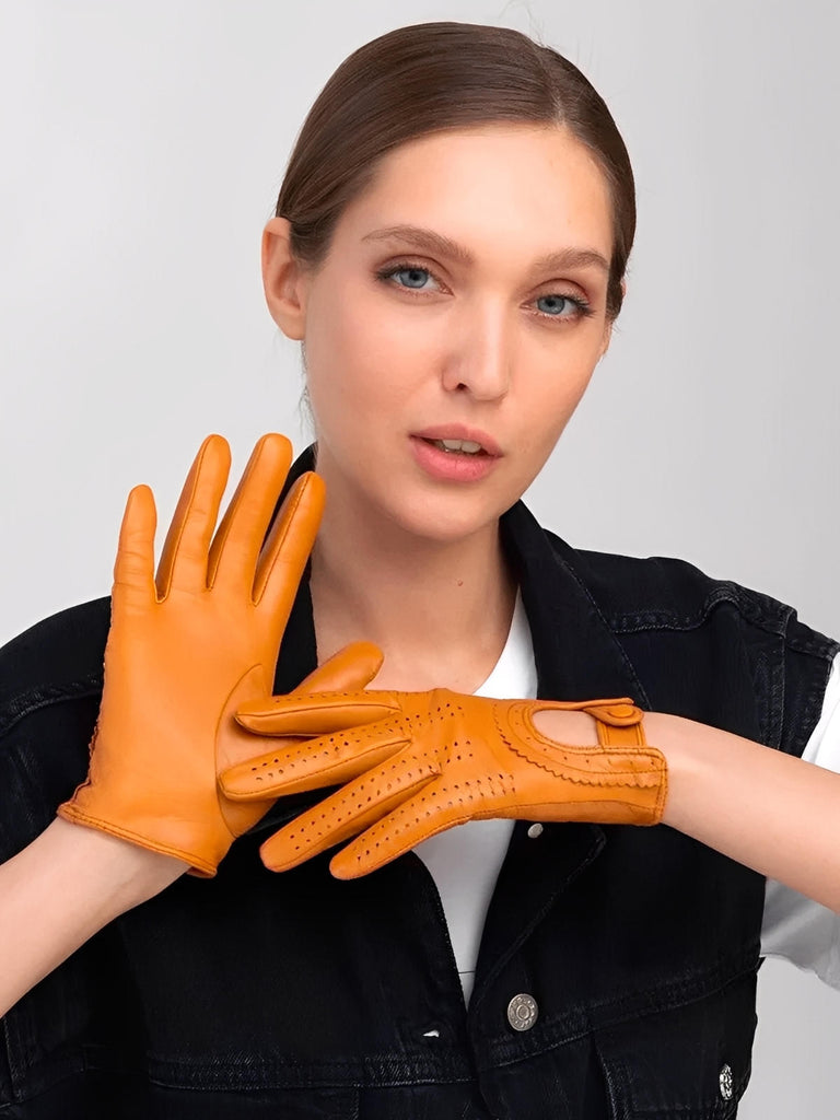 Women's lamb leather gloves, lightweight perforated model for mid-season, unlined design with snap button, ideal for driving and daily use, soft and comfortable, Emira model