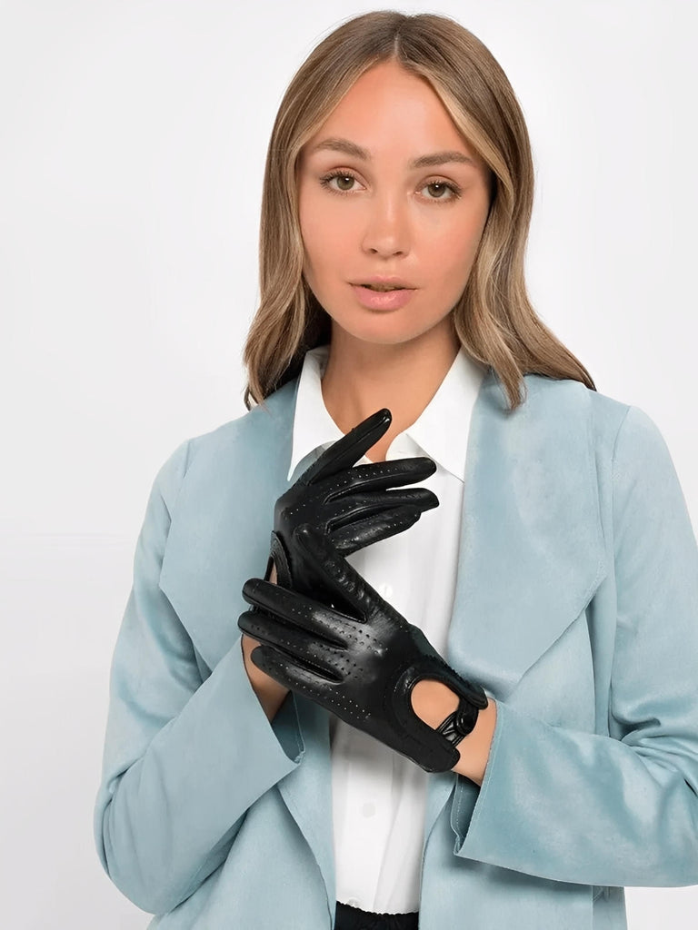 Women's lamb leather gloves, lightweight perforated model for mid-season, unlined design with snap button, ideal for driving and daily use, soft and comfortable, Emira model