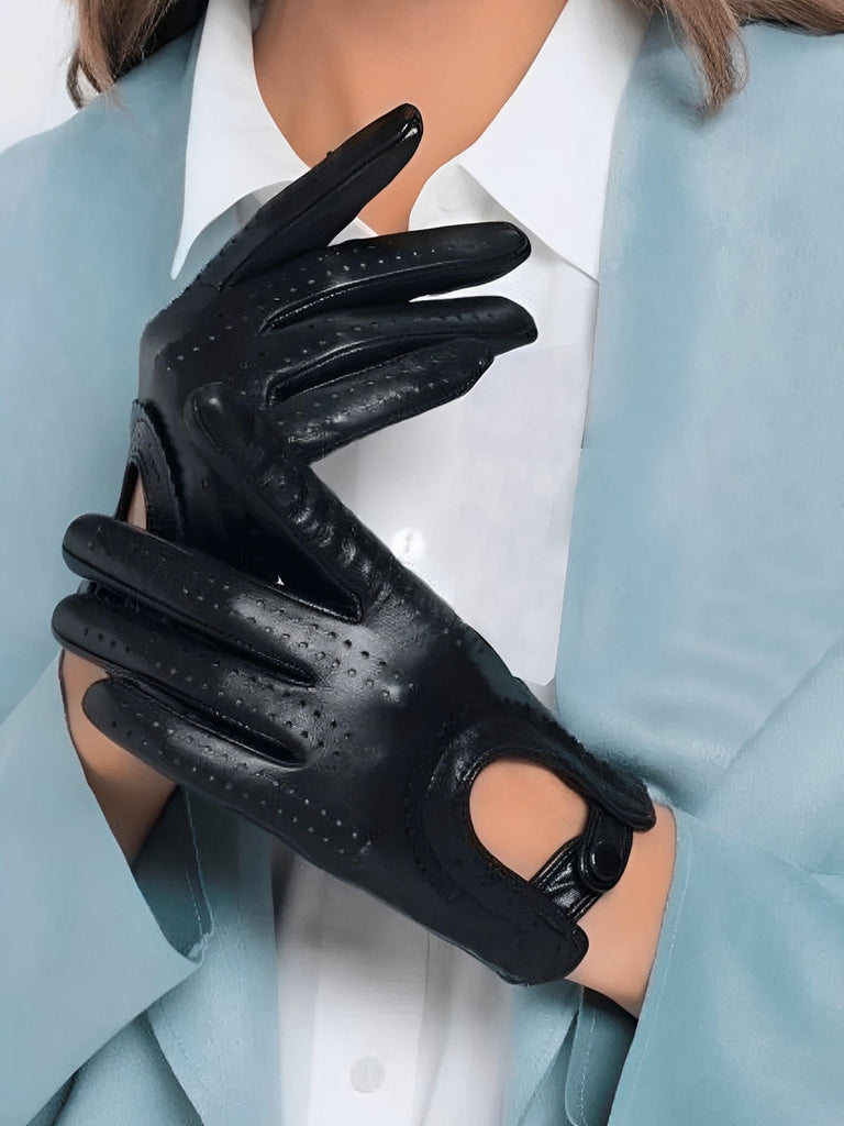 Women's lamb leather gloves, lightweight perforated model for mid-season, unlined design with snap button, ideal for driving and daily use, soft and comfortable, Emira model