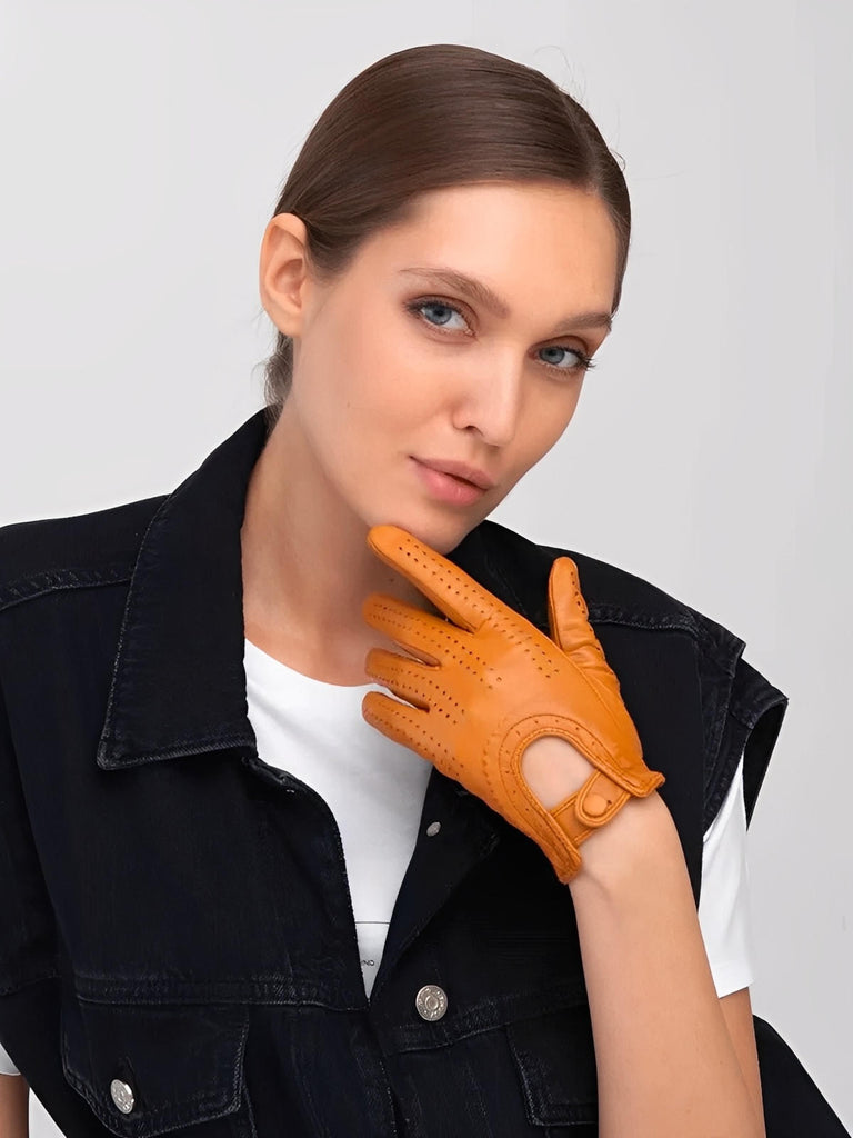 Women's lamb leather gloves, lightweight perforated model for mid-season, unlined design with snap button, ideal for driving and daily use, soft and comfortable, Emira model