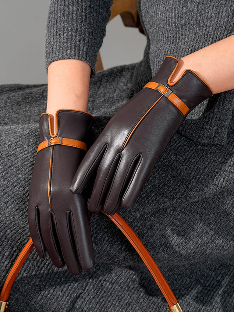Gants femme en cuir, gants tactiles hiver, accessoire chaud doublé, gants mode élégants, parfaits pour la conduite, modèle Irmène - Écharpe - Café M