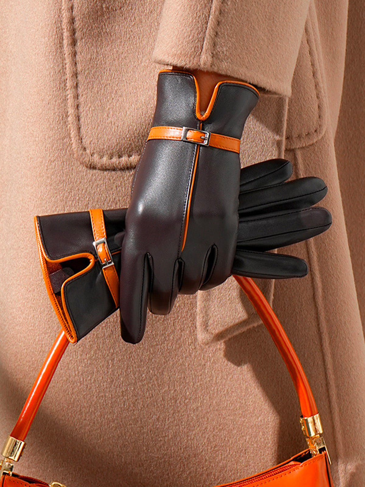 Gants femme en cuir, gants tactiles hiver, accessoire chaud doublé, gants mode élégants, parfaits pour la conduite, modèle Irmène - Écharpe - Café M