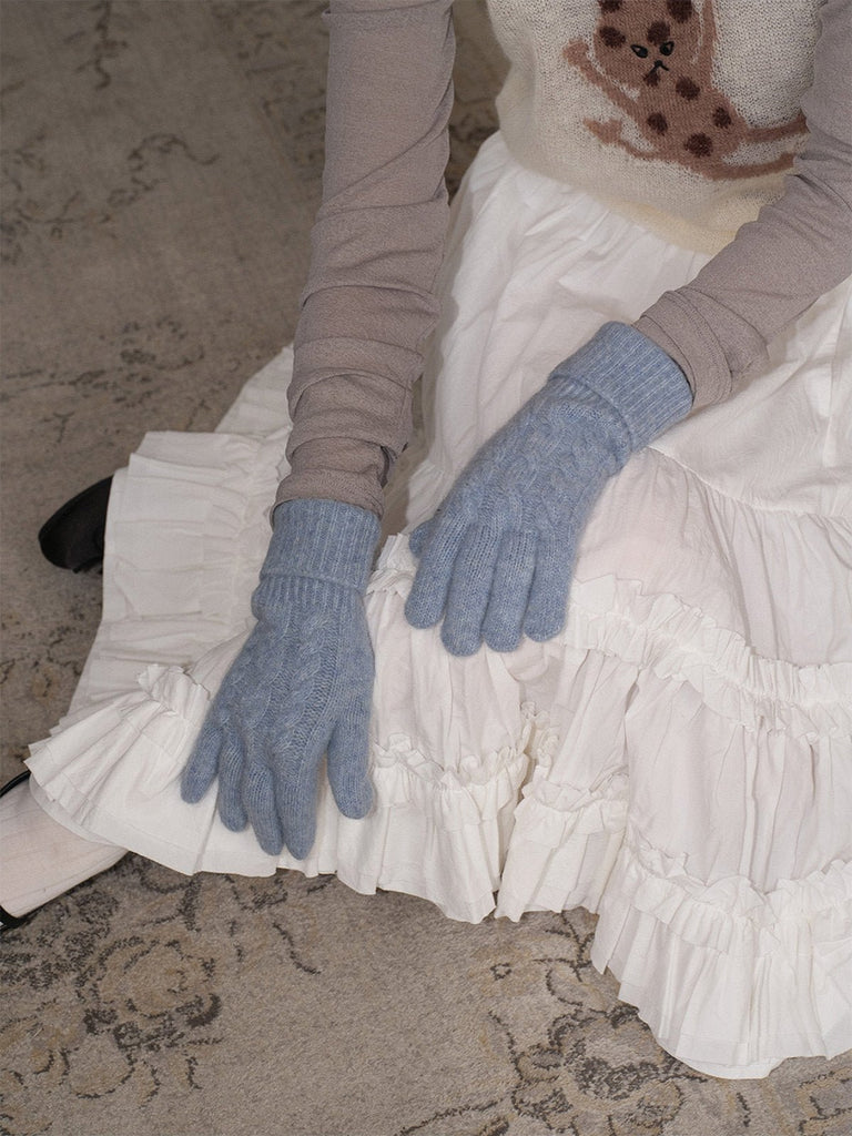 Gants femme hiver, fibre de lapin, maille torsadée douce, toucher tactile, chaud et léger, poignet long côtelé, modèle Patine - Gants - Bleu