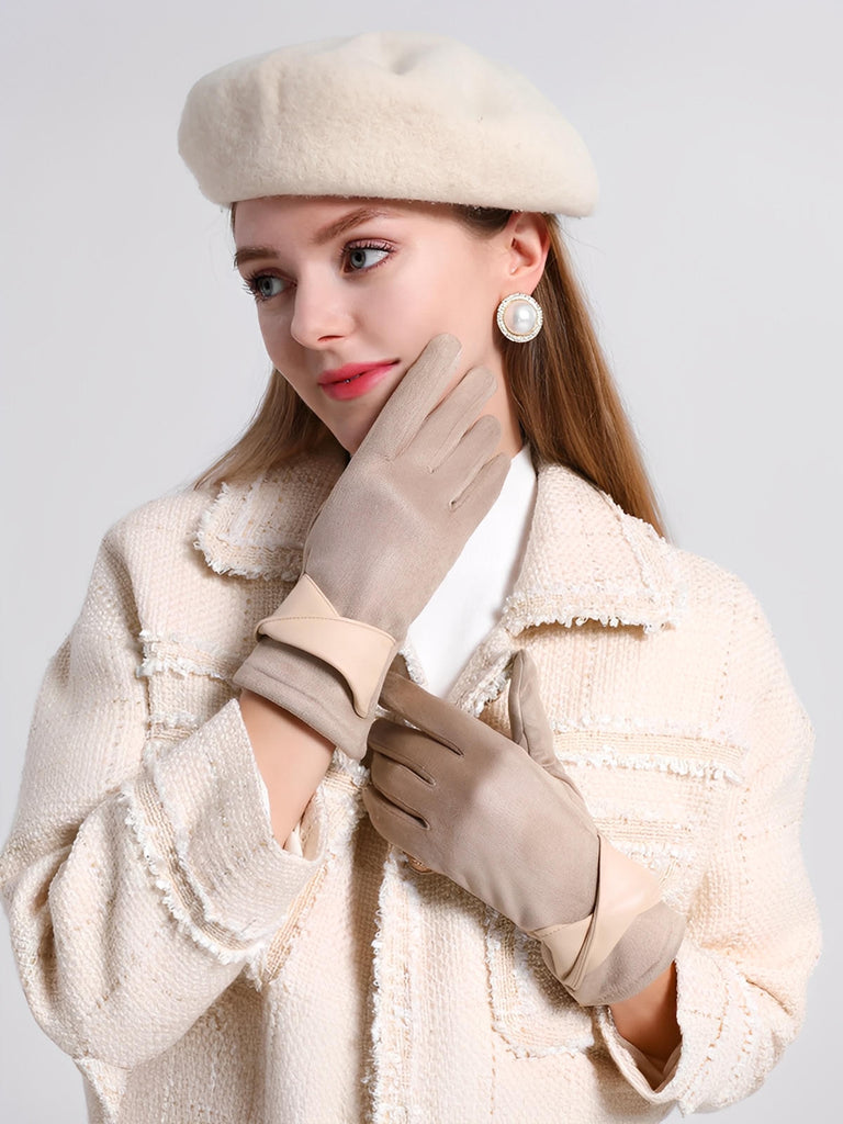 Gants femme hiver, gants tactiles chauds, en suédine doublés, gants chic avec nœud simili vegan, modèle Fouke - Gants - Beige