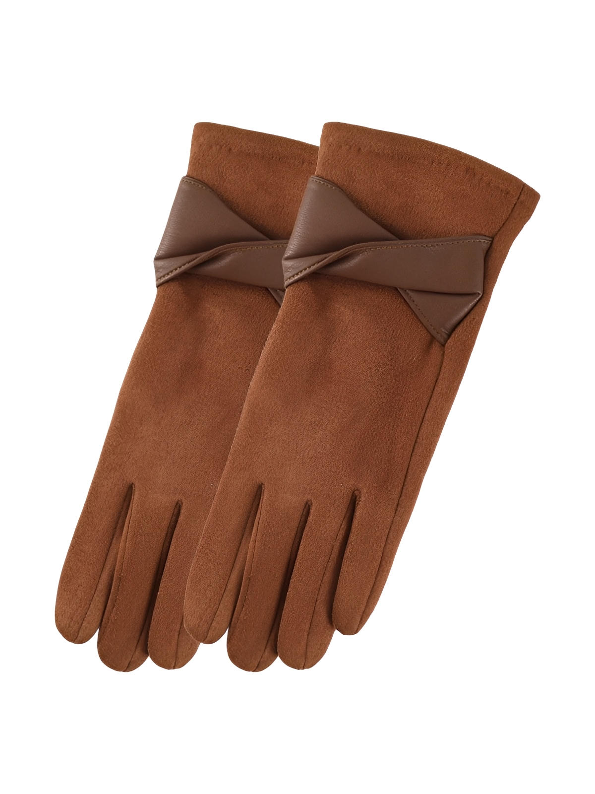 Gants femme hiver, gants tactiles chauds, en suédine doublés, gants chic avec nœud simili vegan, modèle Fouke - Gants - Marron