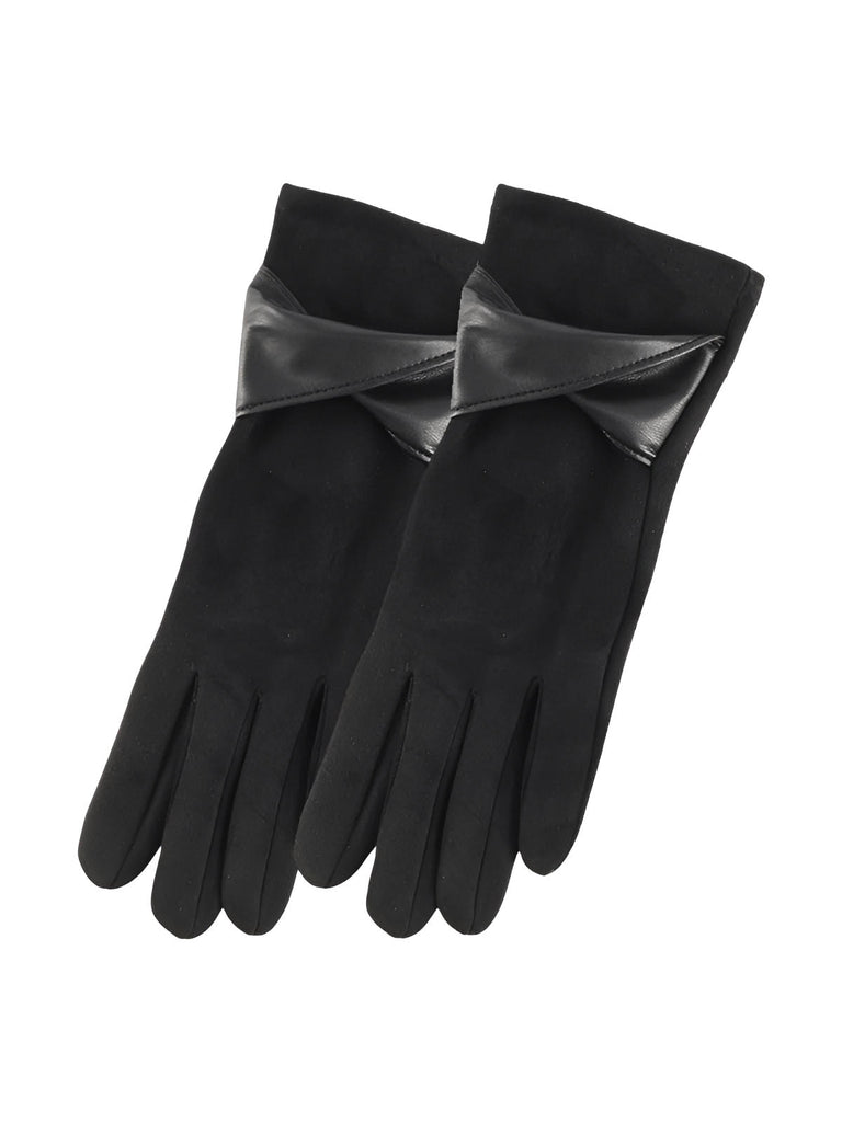 Gants femme hiver, gants tactiles chauds, en suédine doublés, gants chic avec nœud simili vegan, modèle Fouke - Gants - Noir