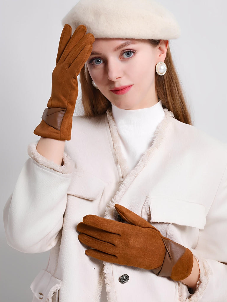 Gants femme hiver, gants tactiles chauds, en suédine doublés, gants chic avec nœud simili vegan, modèle Fouke - Gants - Marron
