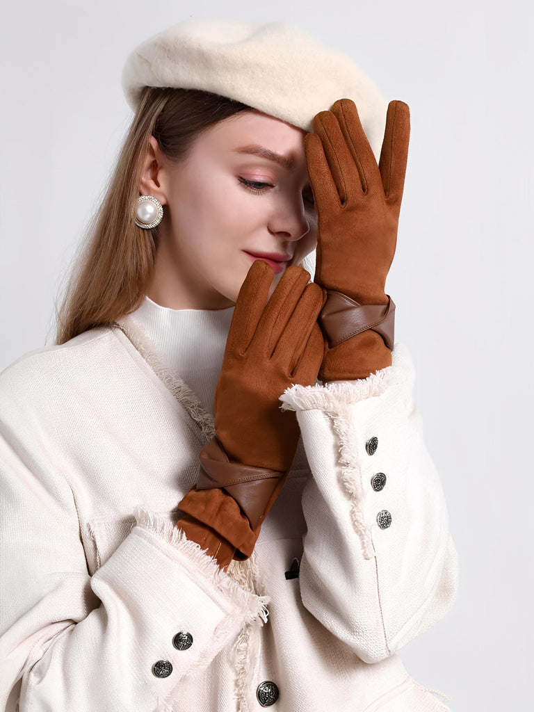 Gants femme hiver, gants tactiles chauds, en suédine doublés, gants chic avec nœud simili vegan, modèle Fouke - Gants - Marron
