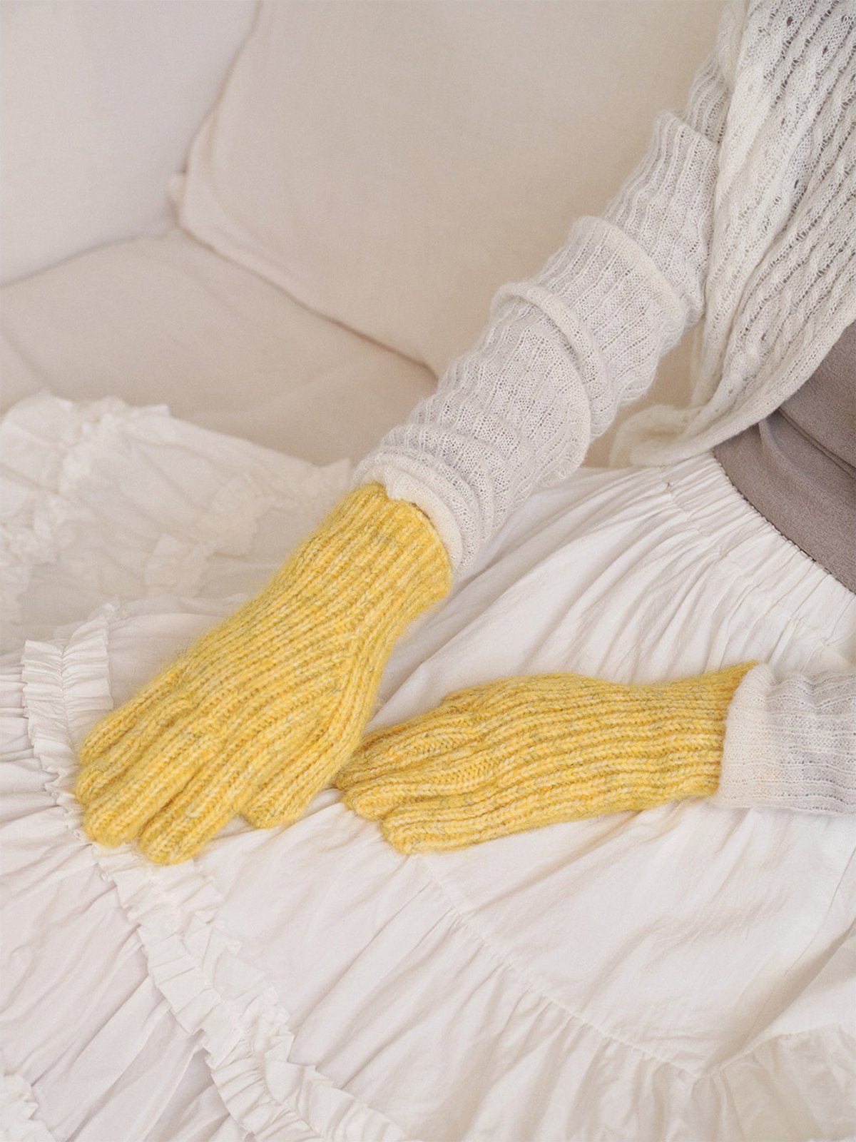 Gants hiver laine côtelée, maille épaisse tactile, douceur chaude unisexe, style casual coloré, taille unique, modèle Tyanne - Gants - Jaune