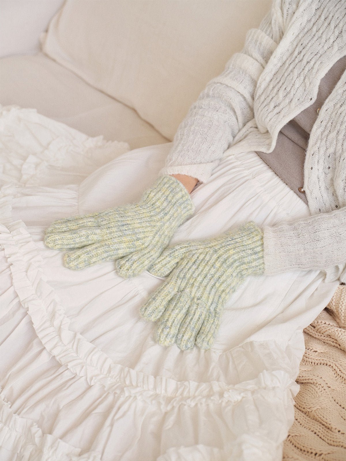 Gants hiver laine côtelée, maille épaisse tactile, douceur chaude unisexe, style casual coloré, taille unique, modèle Tyanne - Gants - Vert