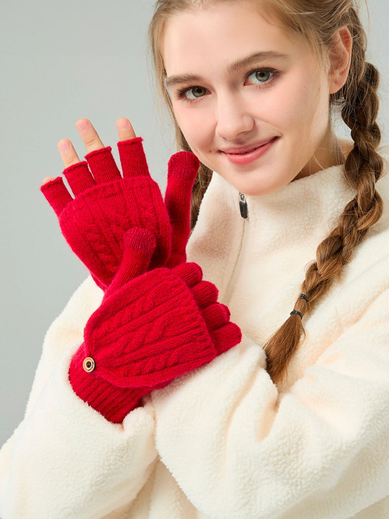 Gants hiver tricotés, modèle deux - en - un, sans doigts avec rabat, laine chaude, usage tactile, style unisexe, tricot épais, protection contre le froid, accessoire cosy, modèle Touns - Gants - Rouge