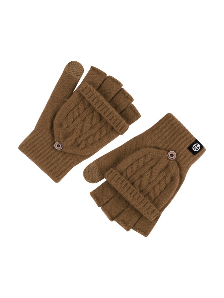 Gants hiver tricotés, modèle deux - en - un, sans doigts avec rabat, laine chaude, usage tactile, style unisexe, tricot épais, protection contre le froid, accessoire cosy, modèle Touns - Gants - Marron