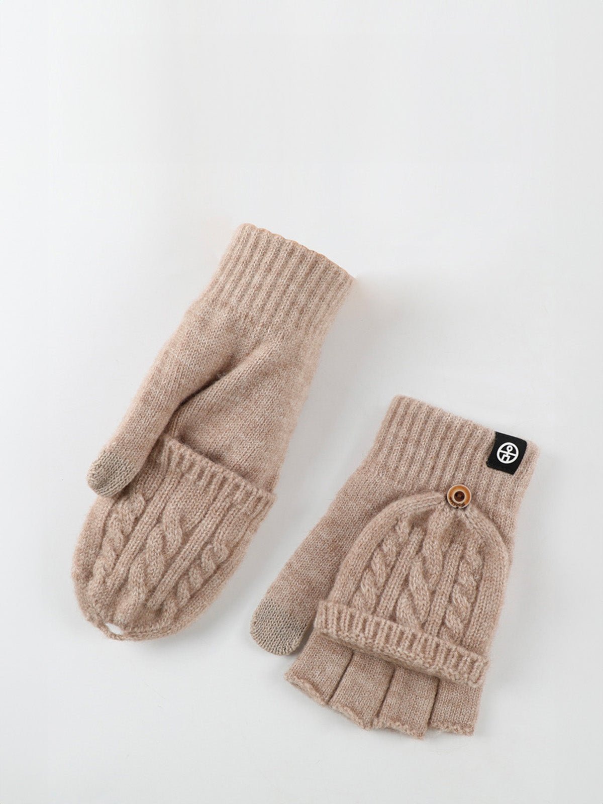 Gants hiver tricotés, modèle deux - en - un, sans doigts avec rabat, laine chaude, usage tactile, style unisexe, tricot épais, protection contre le froid, accessoire cosy, modèle Touns - Gants - Beige