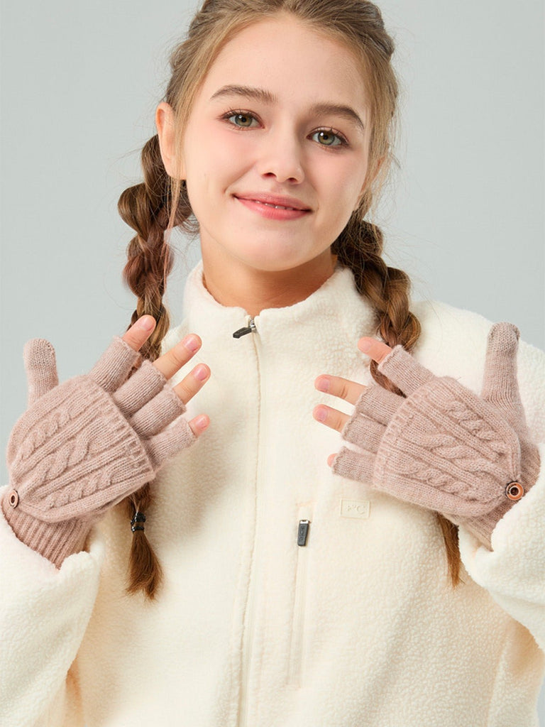 Gants hiver tricotés, modèle deux - en - un, sans doigts avec rabat, laine chaude, usage tactile, style unisexe, tricot épais, protection contre le froid, accessoire cosy, modèle Touns - Gants - Beige