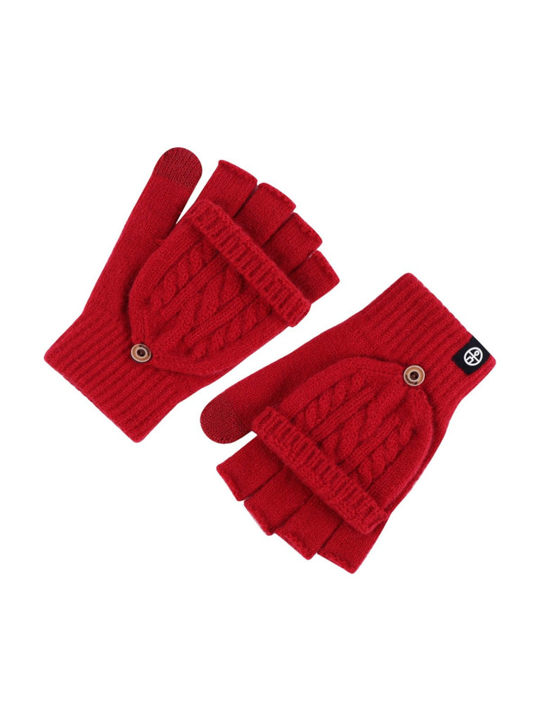 Gants hiver tricotés, modèle deux - en - un, sans doigts avec rabat, laine chaude, usage tactile, style unisexe, tricot épais, protection contre le froid, accessoire cosy, modèle Touns - Gants - Rouge