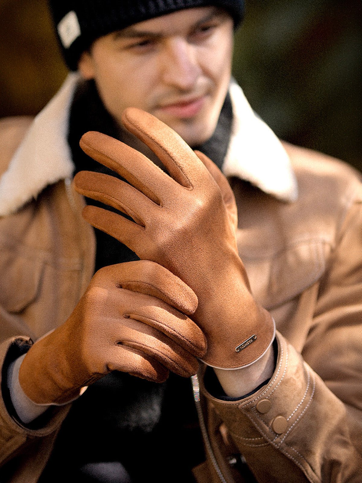 Gants homme hiver, suédine tactile, doublure chaude, paume antidérapante, accessoire mode hiver, gants chic, modèle Gustave - Gants - Camel