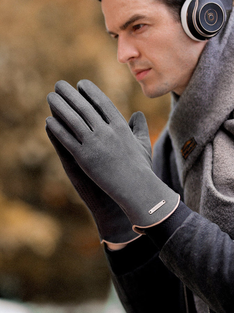 Gants homme hiver, suédine tactile, doublure chaude, paume antidérapante, accessoire mode hiver, gants chic, modèle Gustave - Gants - Gris