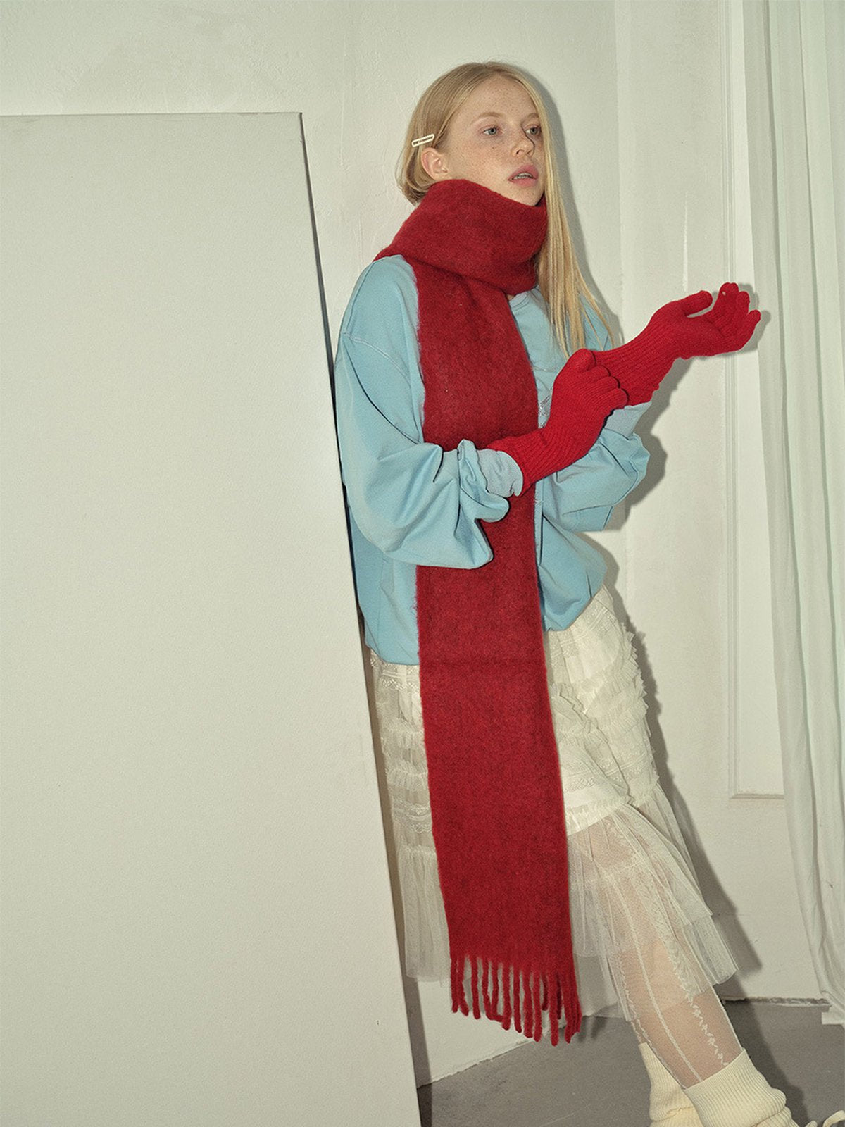 Gants longs laine, gants d'hiver doux, gants femme maille côtelée, gants tricotés chauds, gants confortables touché cachemire, modèle Vélie - Écharpe - Rouge