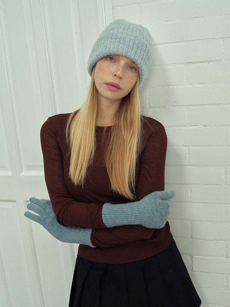 Gants longs laine, gants d'hiver doux, gants femme maille côtelée, gants tricotés chauds, gants confortables touché cachemire, modèle Vélie - Écharpe - Bleu